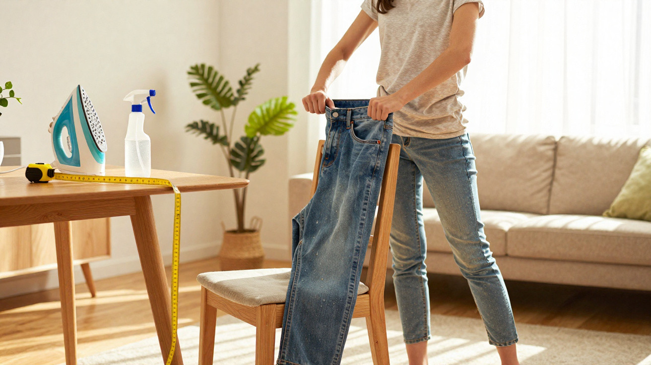 Pessoa a esticar uns jeans sobre uma cadeira numa sala com mesa, ferro, e plantas ao fundo.