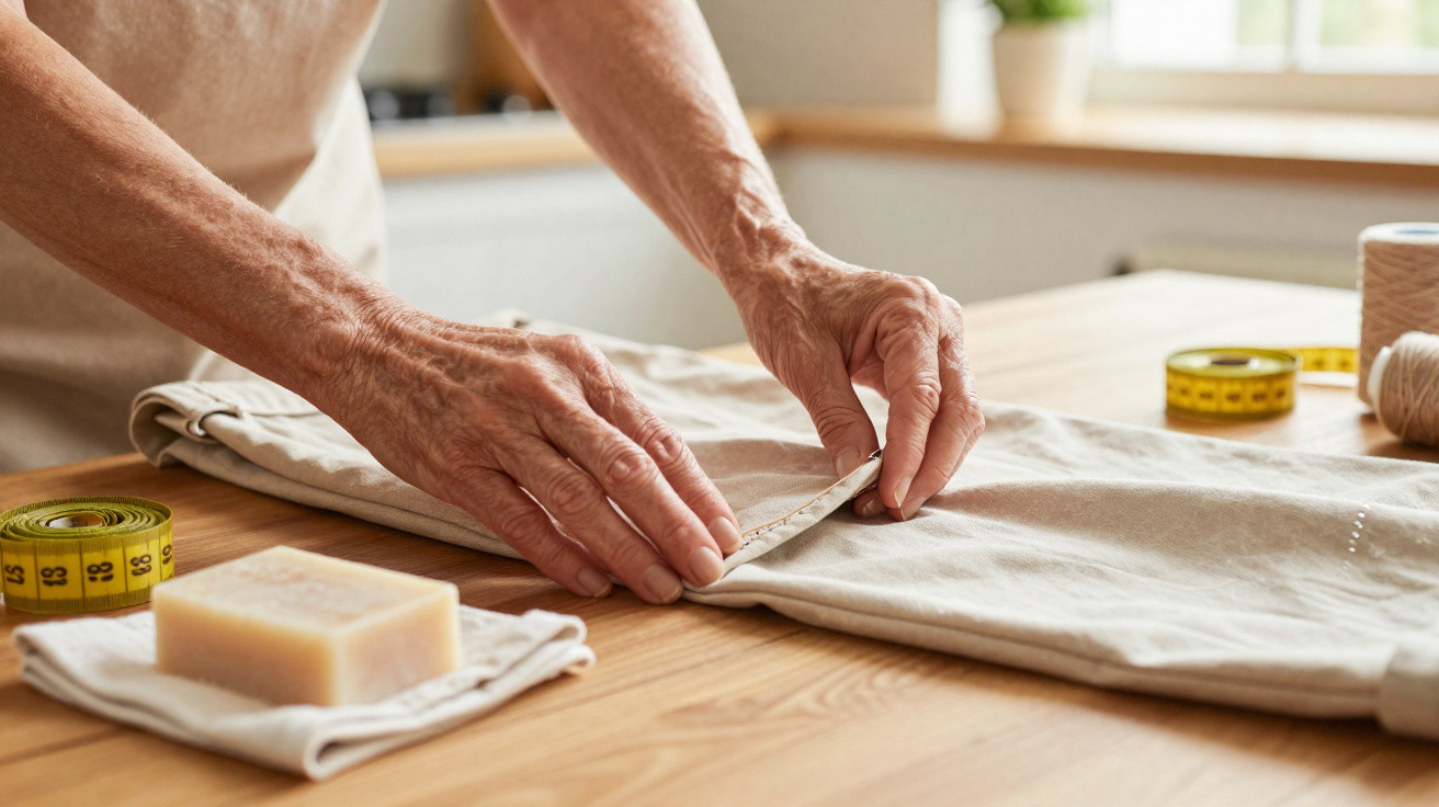 Mãos de pessoa a medir tecido com fita métrica numa mesa com utensílios de costura e sabão.
