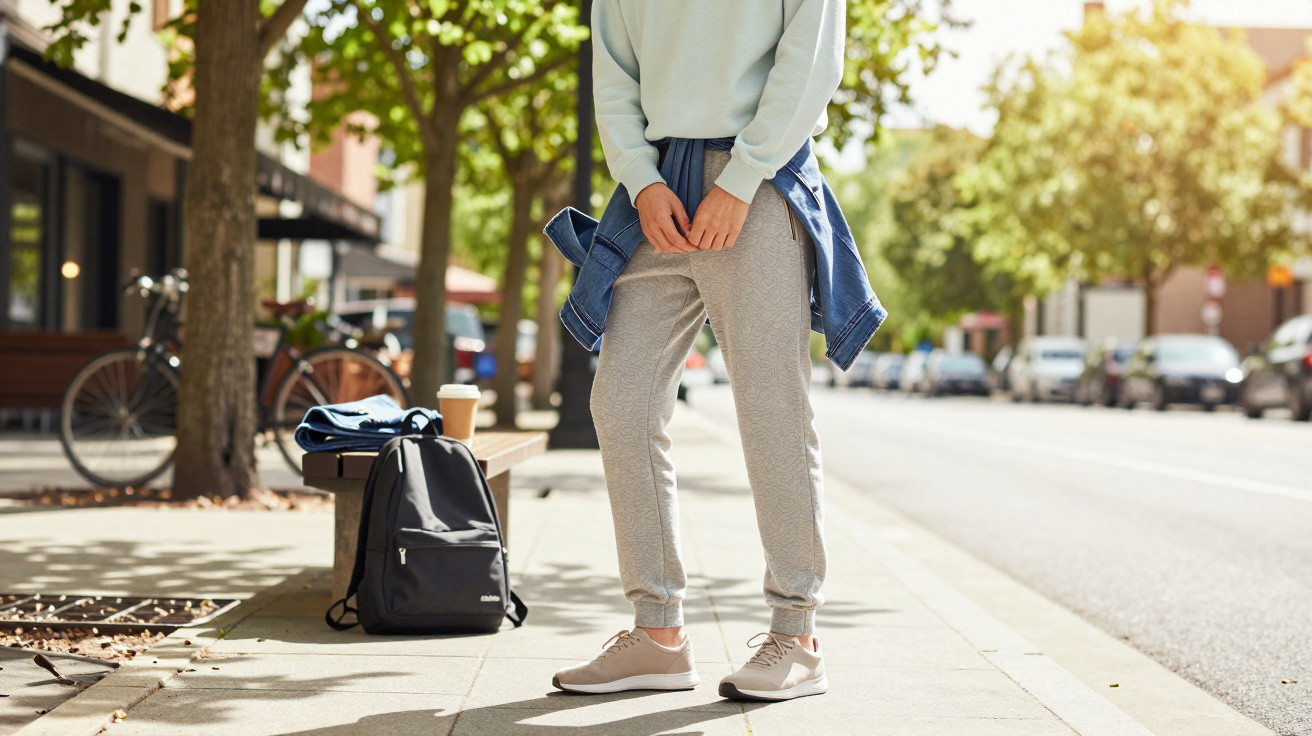 Pessoa de roupa casual cinzenta e sapatilhas bege em passeio urbano com mochila e café num banco.