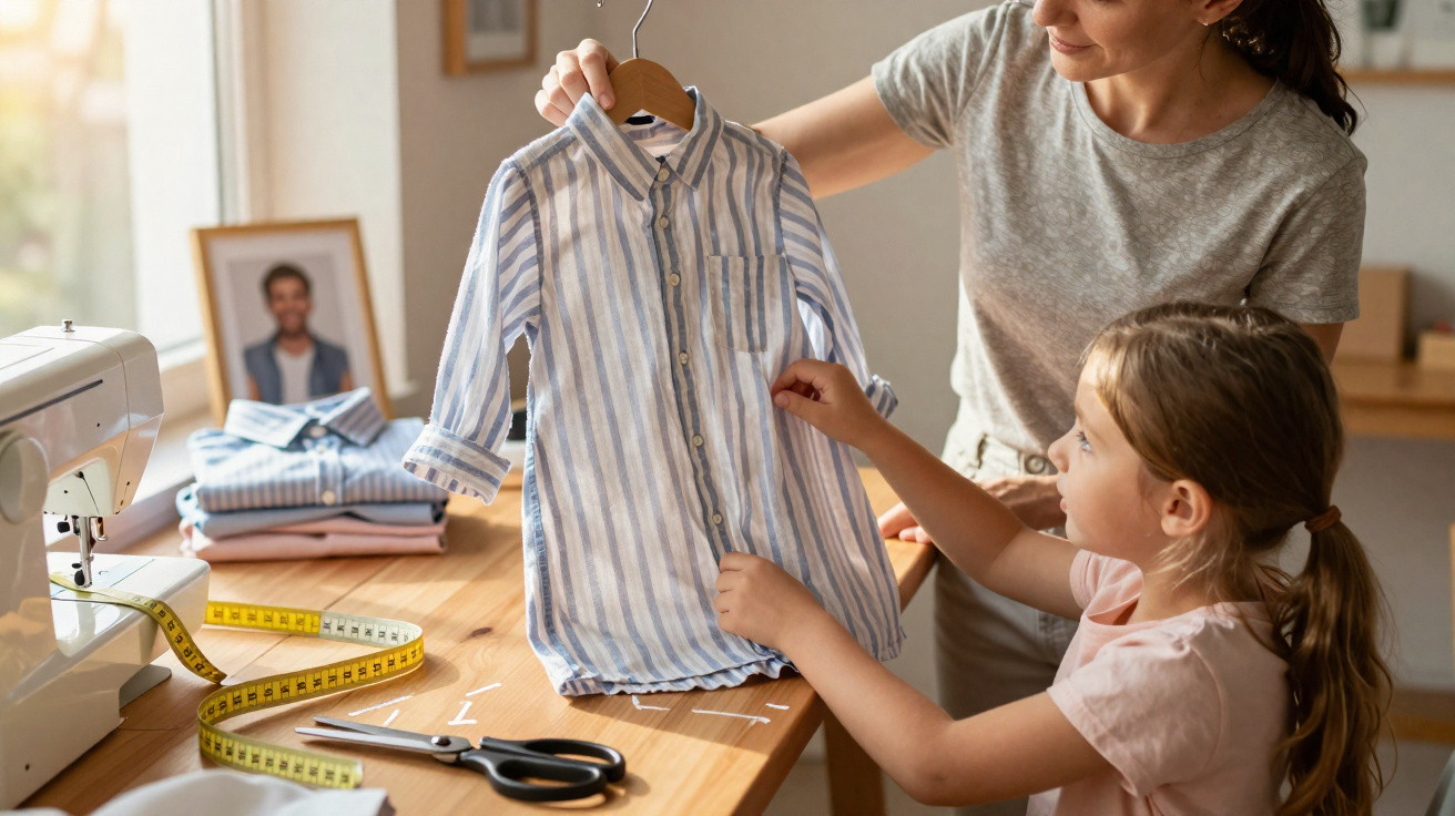 Criança e mulher a costurar e ajustar camisa às riscas brancas e azuis num atelier de costura.