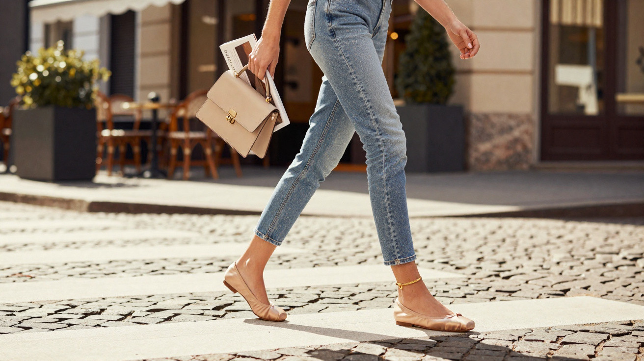 Pessoa a caminhar numa rua de calçada com jeans e sapatos rasos, segurando uma mala e um livro.