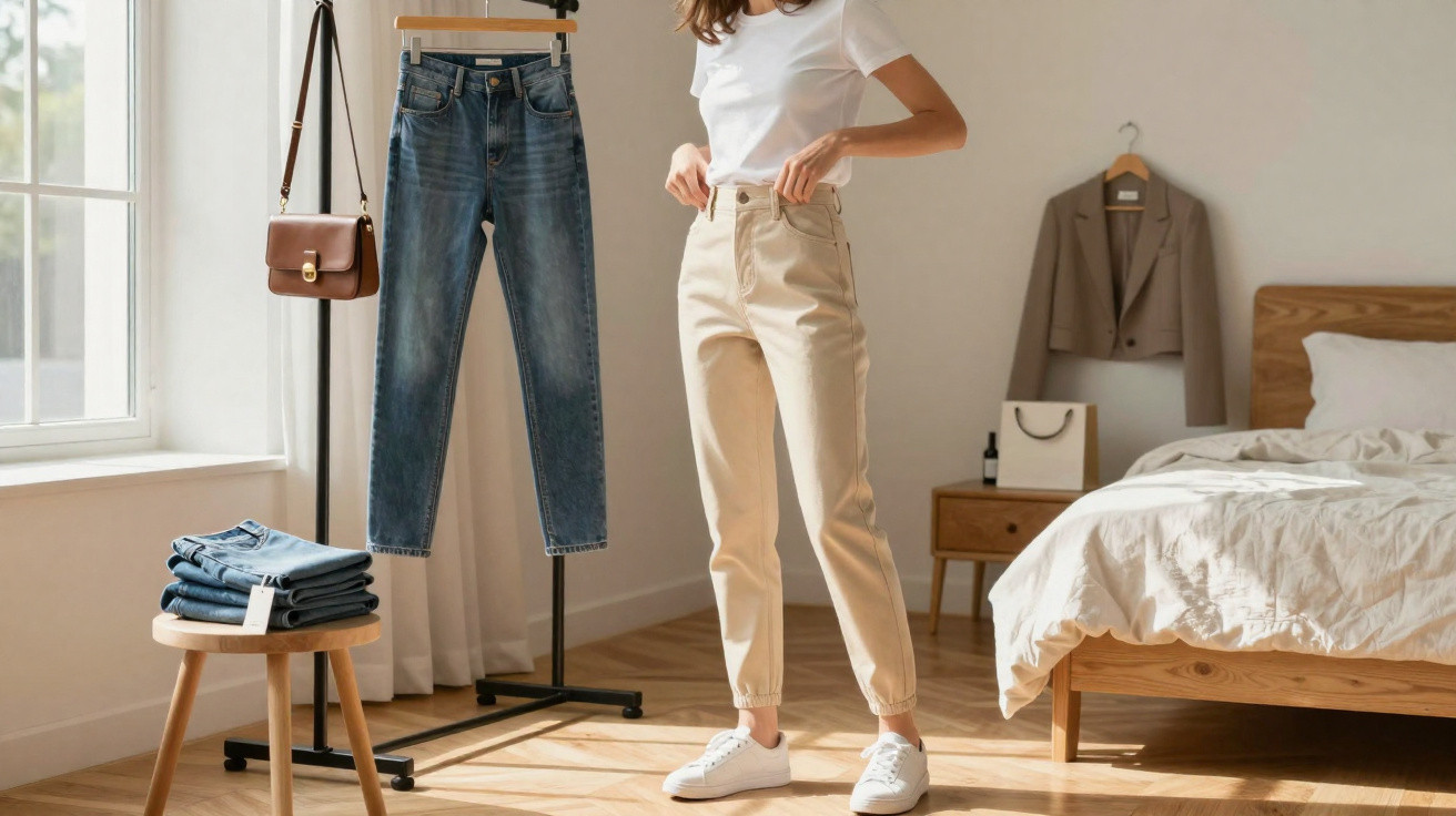Mulher em quarto arrumado experimenta calças bege com t-shirt branca, perto de jeans pendurados e empilhados.