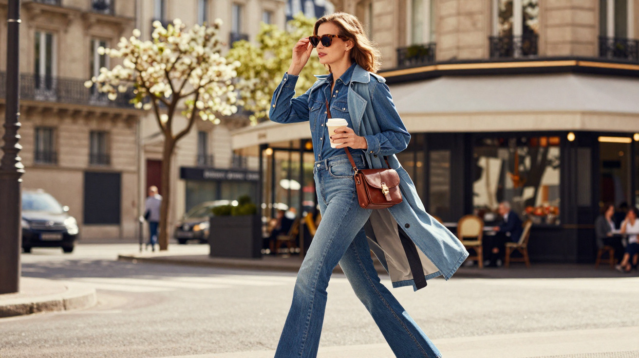 Mulher elegante de trench coat azul a cruzar rua urbana com café na mão e óculos de sol.