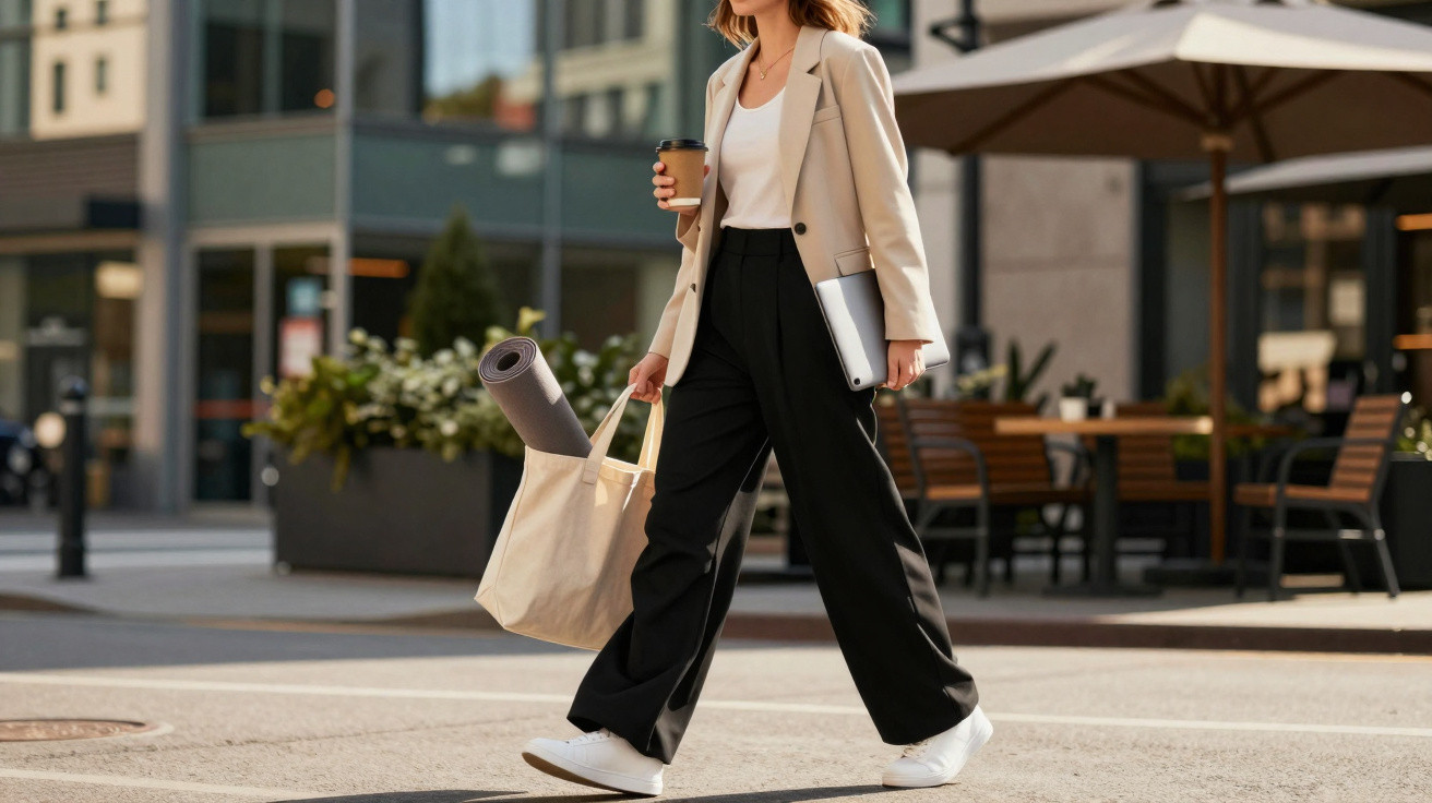 Mulher elegante a caminhar na rua com mochila, tapete de yoga, portátil e café para viagem.