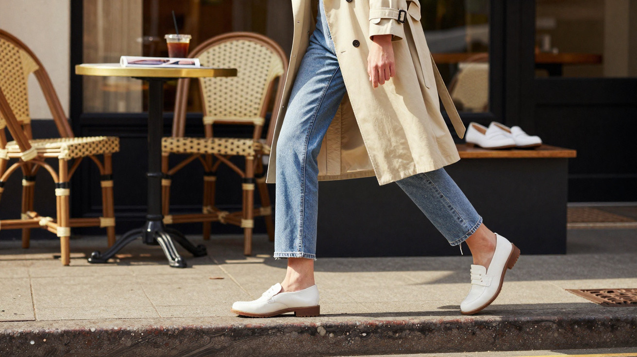 Pessoa a caminhar na rua com jeans, casaco bege e sapatos brancos diante de café com mesas e cadeiras.