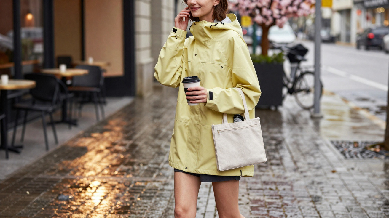 Mulher com casaco amarelo e saco claro a falar ao telemóvel e a segurar café, rua molhada e árvores floridas ao fundo.