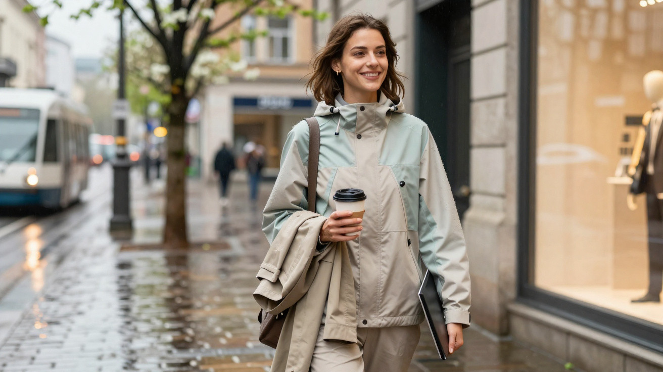Mulher sorridente a caminhar na rua com casaco, a segurar café e tablet num dia chuvoso.