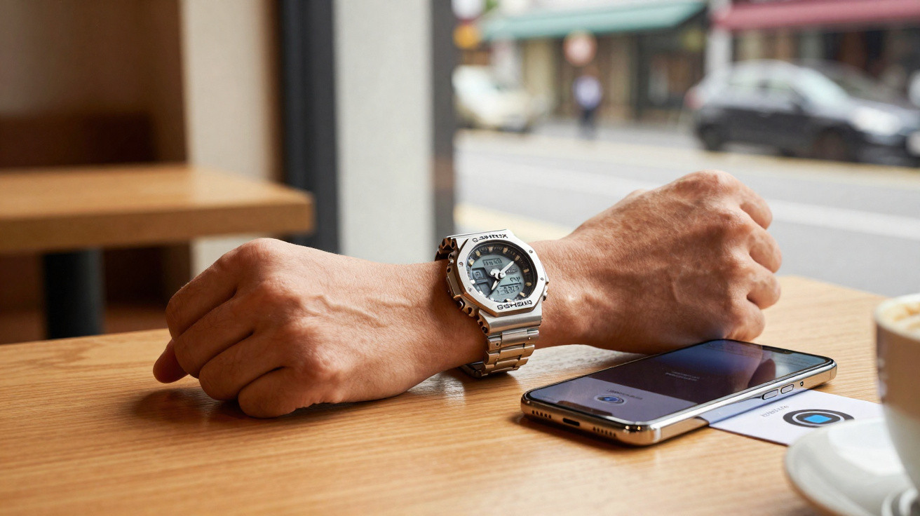 Braços masculinos repousando numa mesa de café com relógio digital, telemóvel e chávena visíveis.