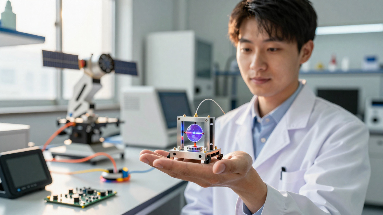 Homem de bata branca segurando aparelho tecnológico com esfera luminosa roxa num laboratório.