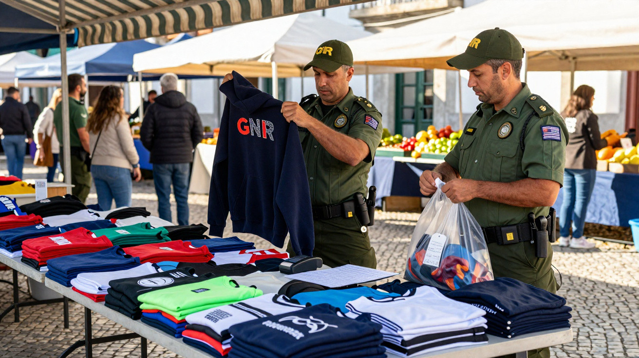 Dois agentes da GNR inspeccionam roupas num mercado ao ar livre em dia soalheiro.