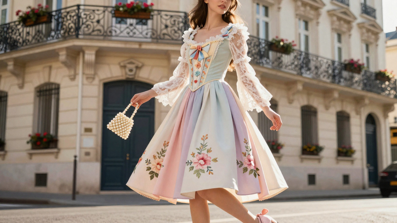 Mulher com vestido vintage colorido e florido, em rua com edifício clássico ao fundo.