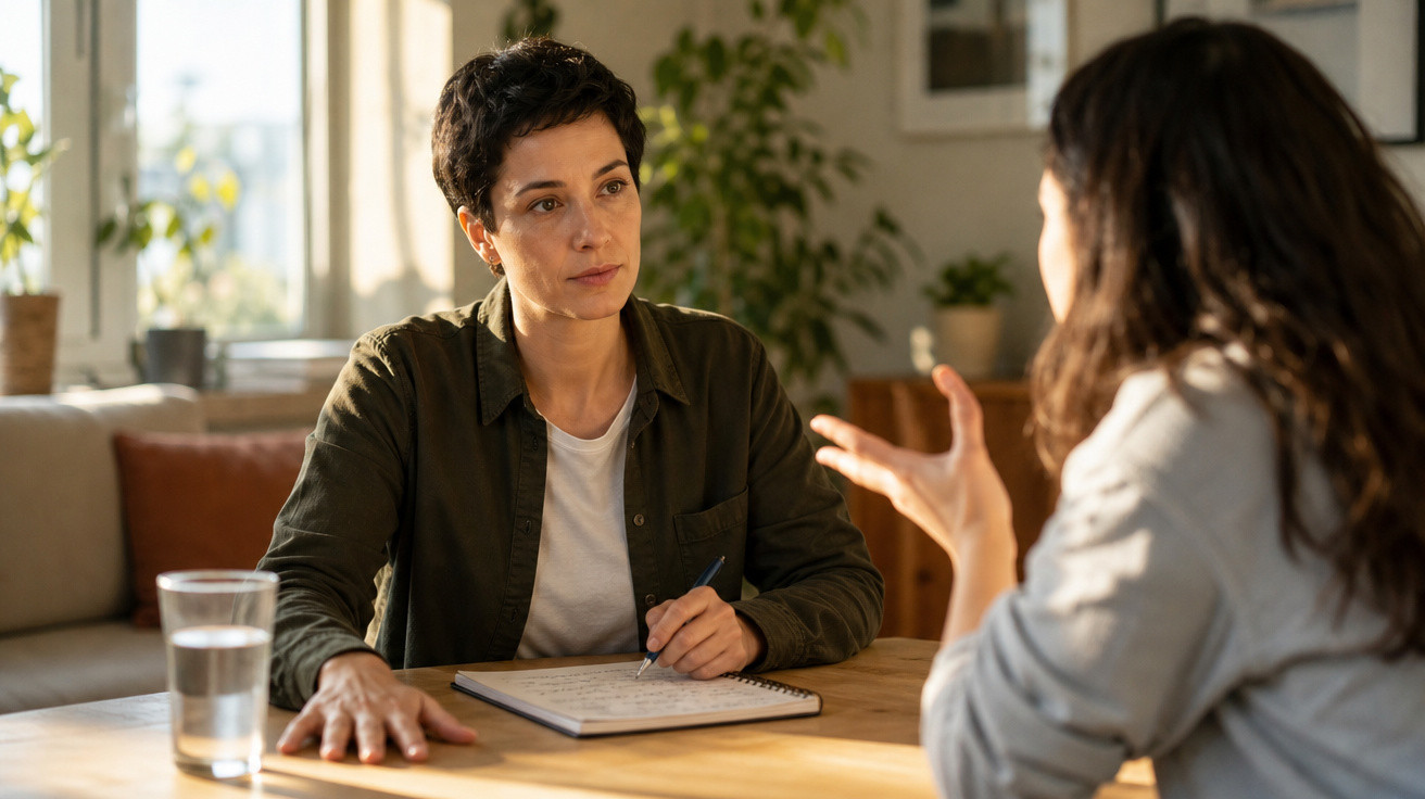 Duas mulheres conversam sentadas à mesa, uma a tomar notas e outra gesticula durante a conversa.