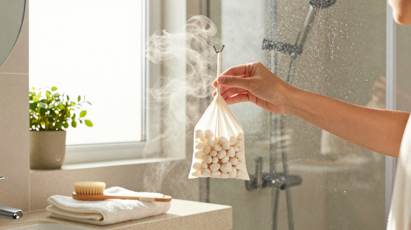 Mão a segurar saco de tecido com bolas brancas a libertar vapor no interior de uma casa de banho moderna.