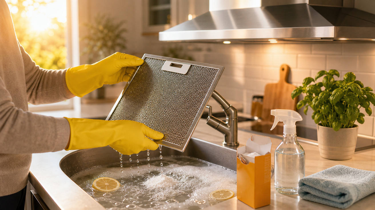 Pessoa com luvas amarelas a lavar filtro de exaustor na cozinha com luz natural ao fundo.