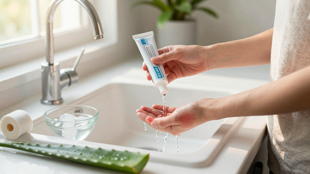 Pessoa a aplicar gel de aloe vera nas mãos numa casa de banho com pia, toalha e planta.