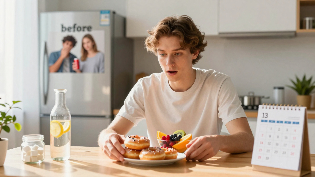 Jovem sentado à mesa com prato de donuts e frutas, expressando surpresa na cozinha moderna.