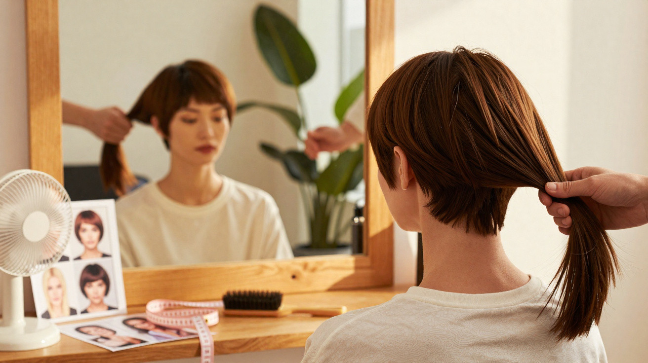 Pessoa com cabelo castanho curto sentada em frente a um espelho, tendo o cabelo apanhado por uma mão atrás.