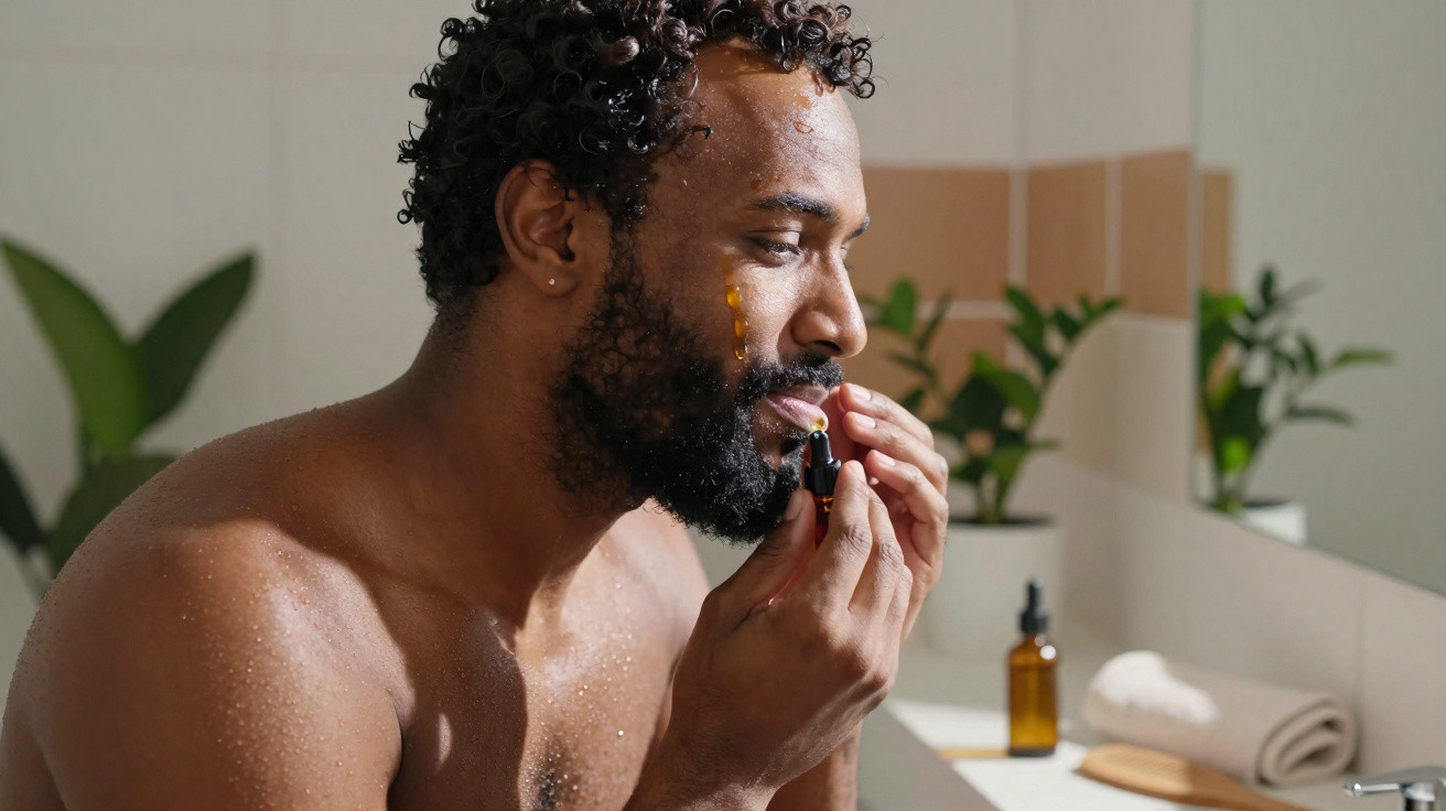 Homem a aplicar óleo facial num banheiro com plantas e toalha ao fundo.