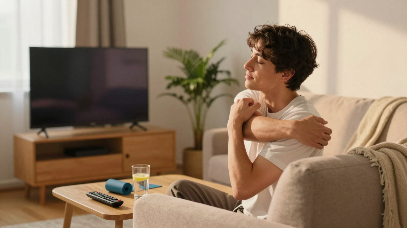 Homem sentado no sofá a alongar os braços numa sala de estar com televisão e planta.