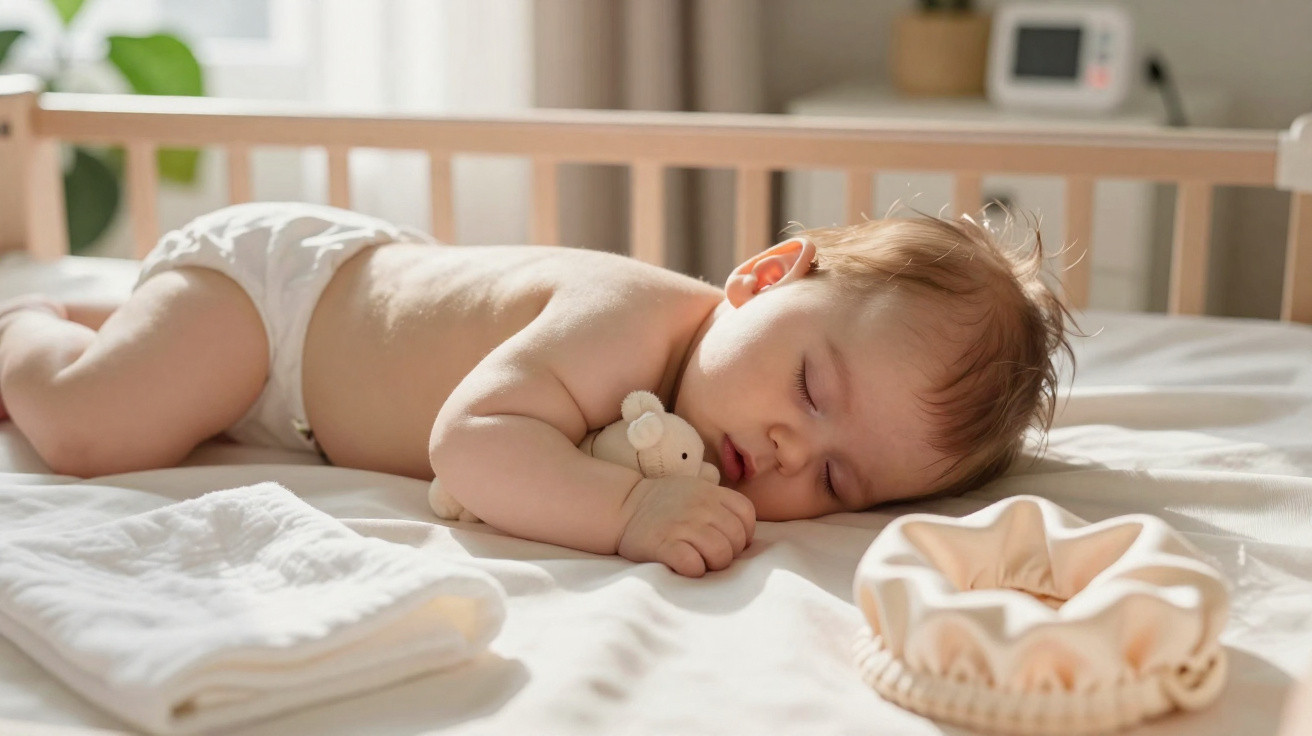 Bebé a dormir de lado numa cama, a abraçar um pequeno ursinho de peluche branco.