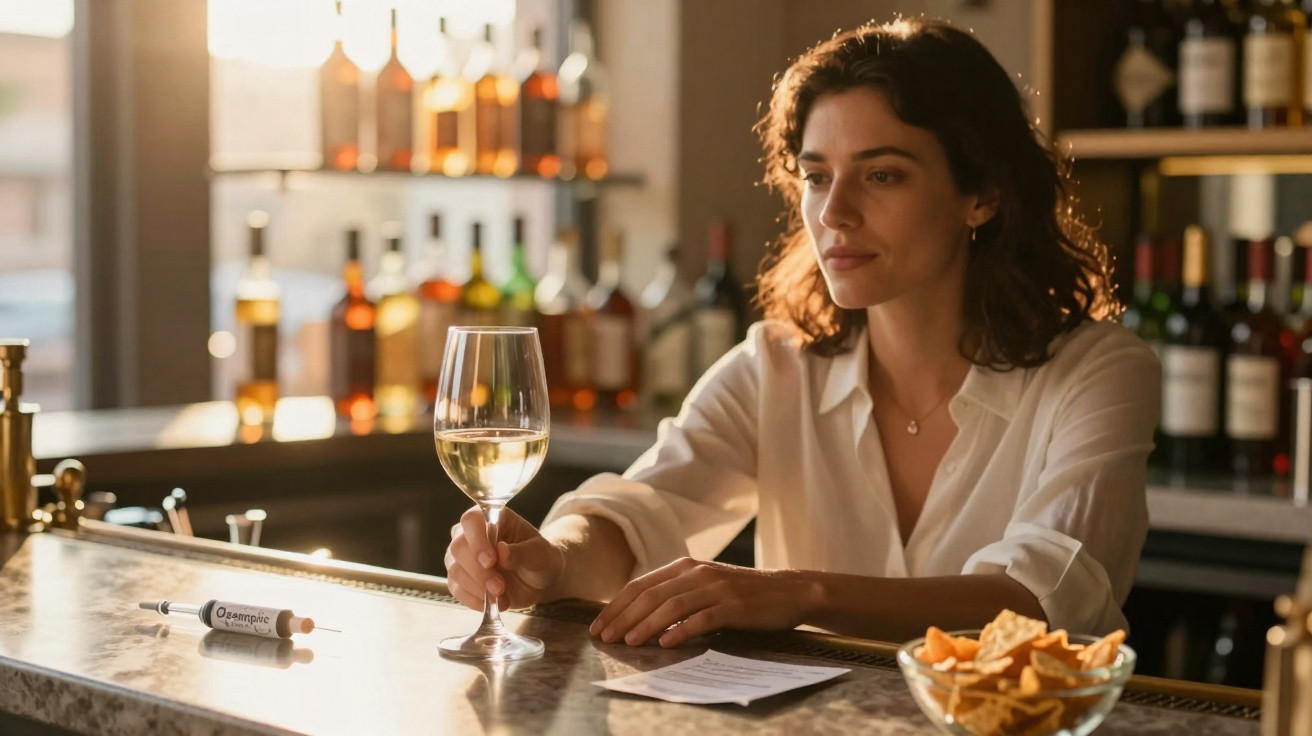 Mulher sentada num bar a segurar um copo de vinho branco, com snacks e seringa na mesa.