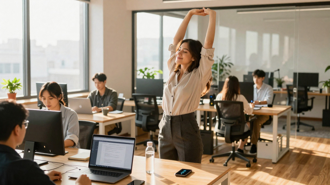 Mulher a espreguiçar-se numa sala de escritório moderna com colegas a trabalhar em computadores.