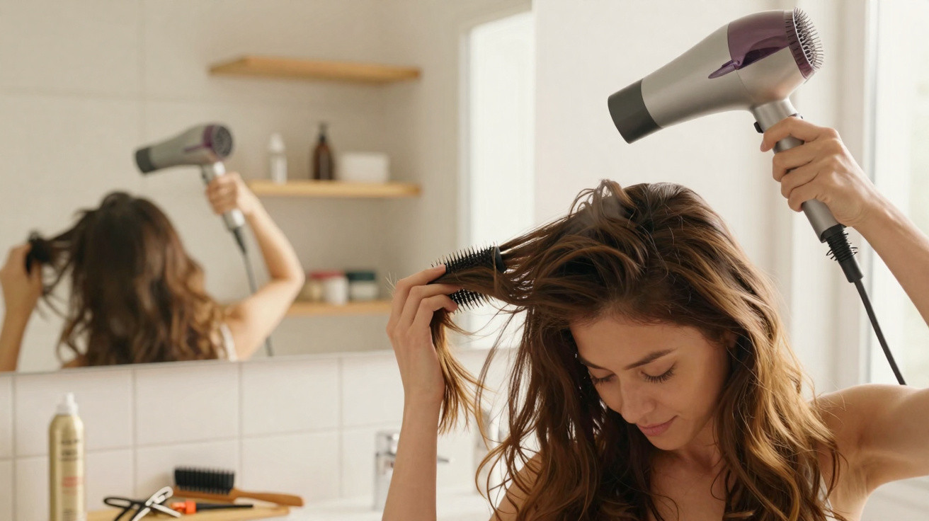 Mulher a secar o cabelo com secador e escova num banheiro com espelho e prateleiras ao fundo.