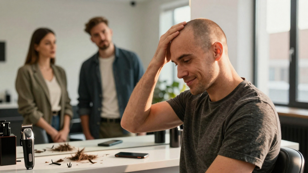Homem tocando a cabeça após cortar cabelo, com um casal ao fundo num salão moderno.