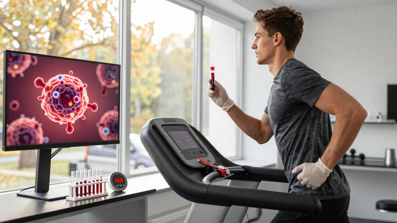 Homem a correr numa passadeira a segurar tubo de ensaio com sangue e ecrã digital com imagem de vírus.