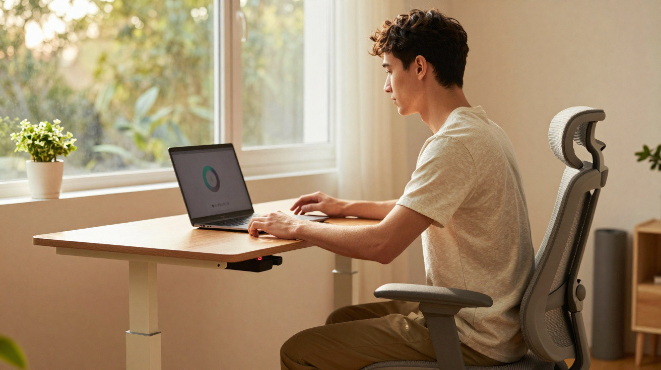 Jovem sentado numa cadeira ergonómica a trabalhar num portátil junto a uma janela com luz natural.
