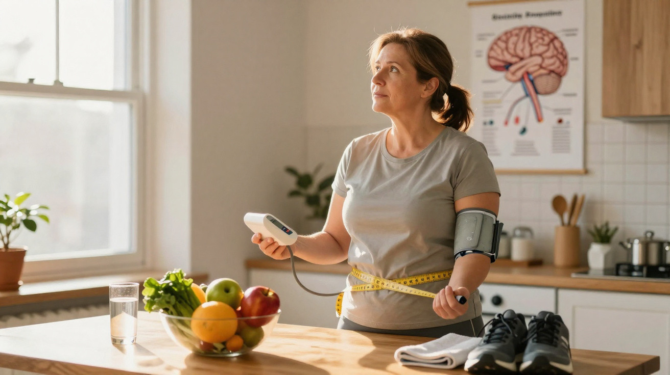 Mulher a medir pressão arterial com fita métrica na cozinha, com frutas e ténis sobre a mesa.