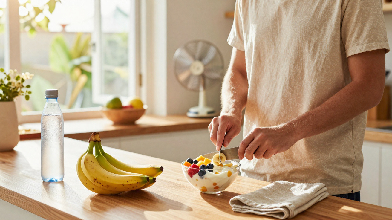 Pessoa a cortar banana para uma taça de iogurte com frutas numa bancada de cozinha iluminada.