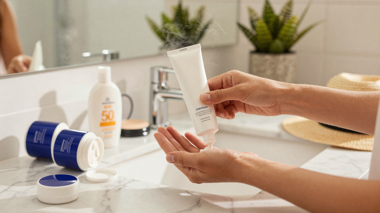 Pessoa a aplicar creme hidratante nas mãos junto a produtos de cuidado pessoal num lavatório.