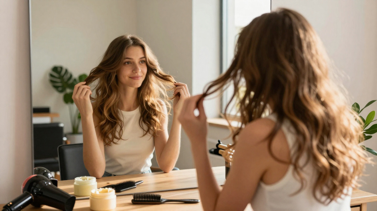 Mulher jovem a olhar o cabelo ao espelho numa mesa com acessórios de cuidado capilar.