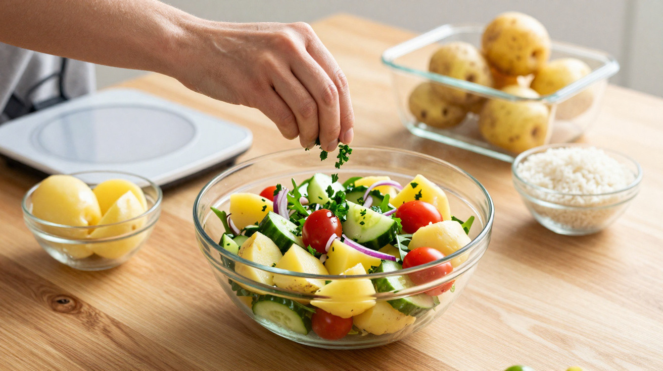 Mão a polvilhar ervas numa salada com batatas, tomates cherry, pepino e cebola roxa numa tigela de vidro.
