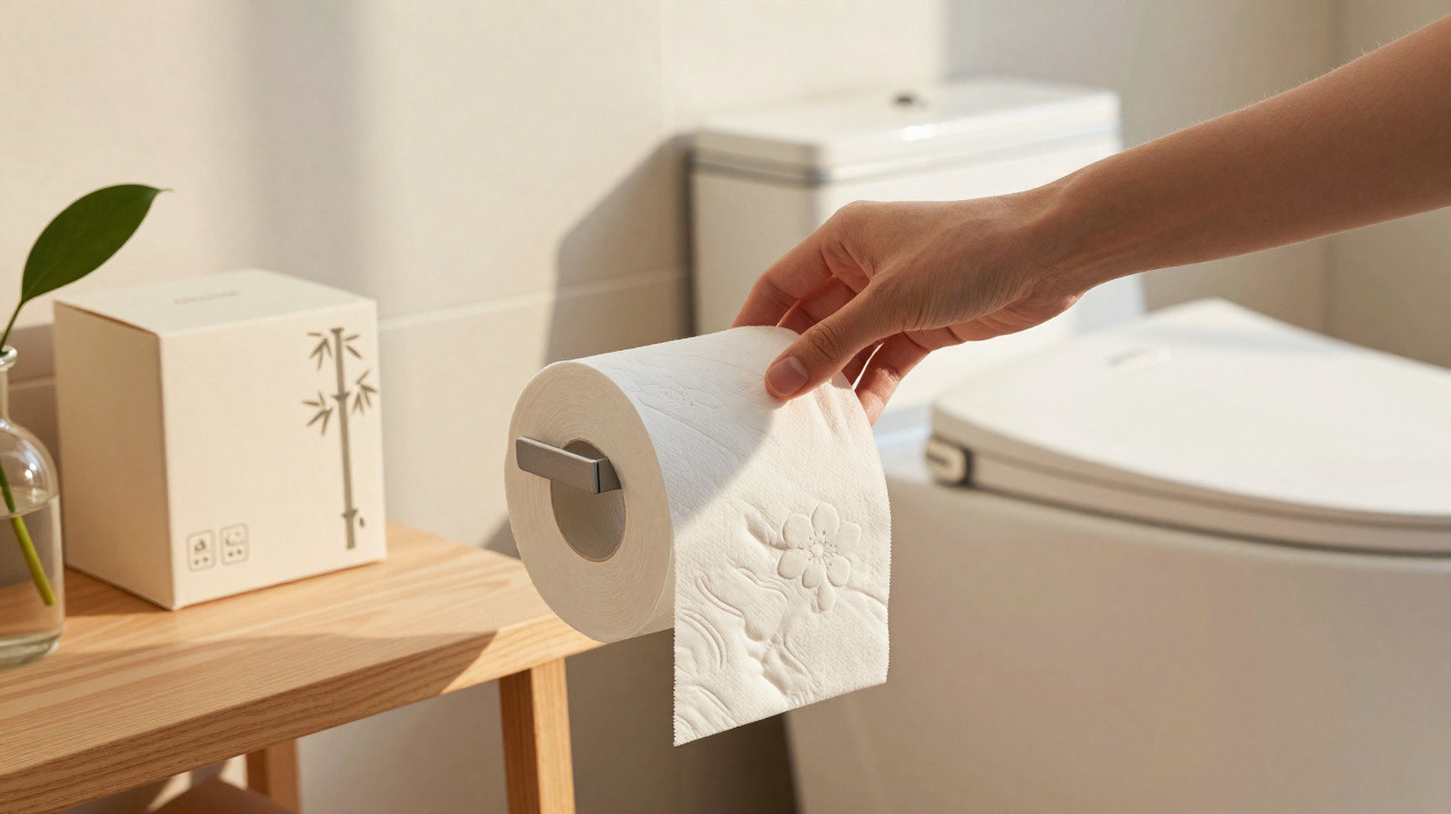 Mão a pegar papel higiénico numa casa de banho moderna com vaso sanitário e mesa de madeira ao lado.
