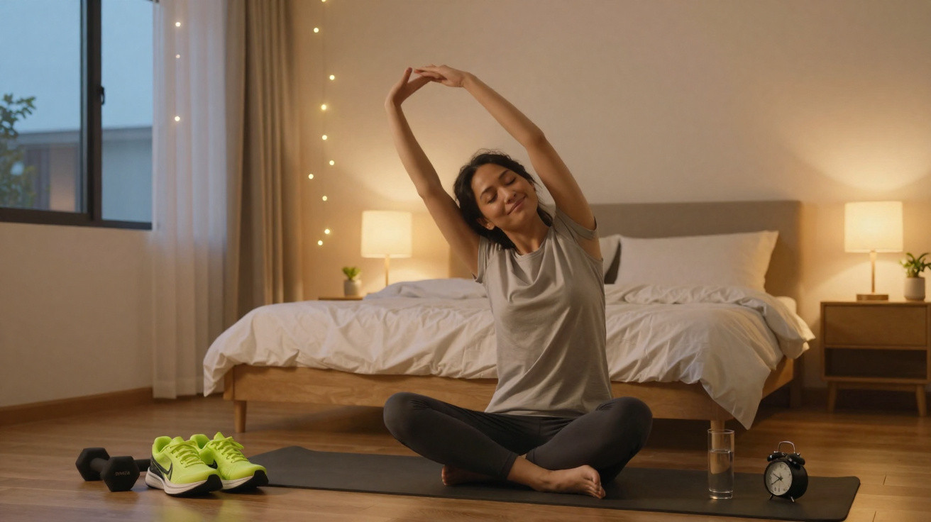 Mulher sentada a fazer alongamentos num tapete de yoga em quarto iluminado e acolhedor.