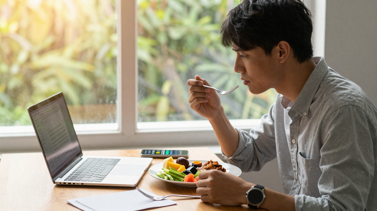 Homem a comer uma refeição saudável enquanto trabalha num computador portátil junto à janela.