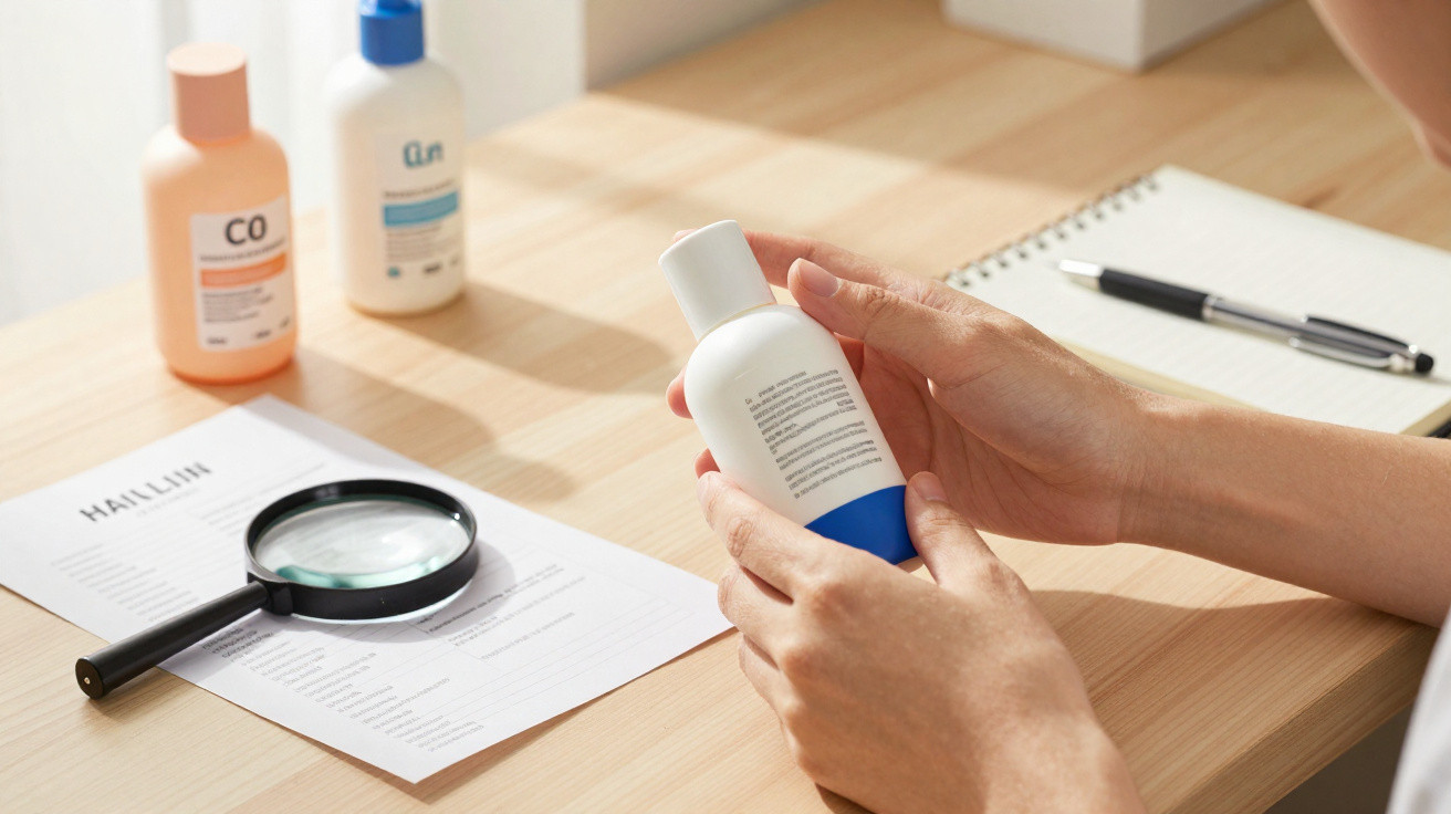 Pessoa a examinar rótulo de frasco branco com azul numa mesa com lupa, documentos e caderno.