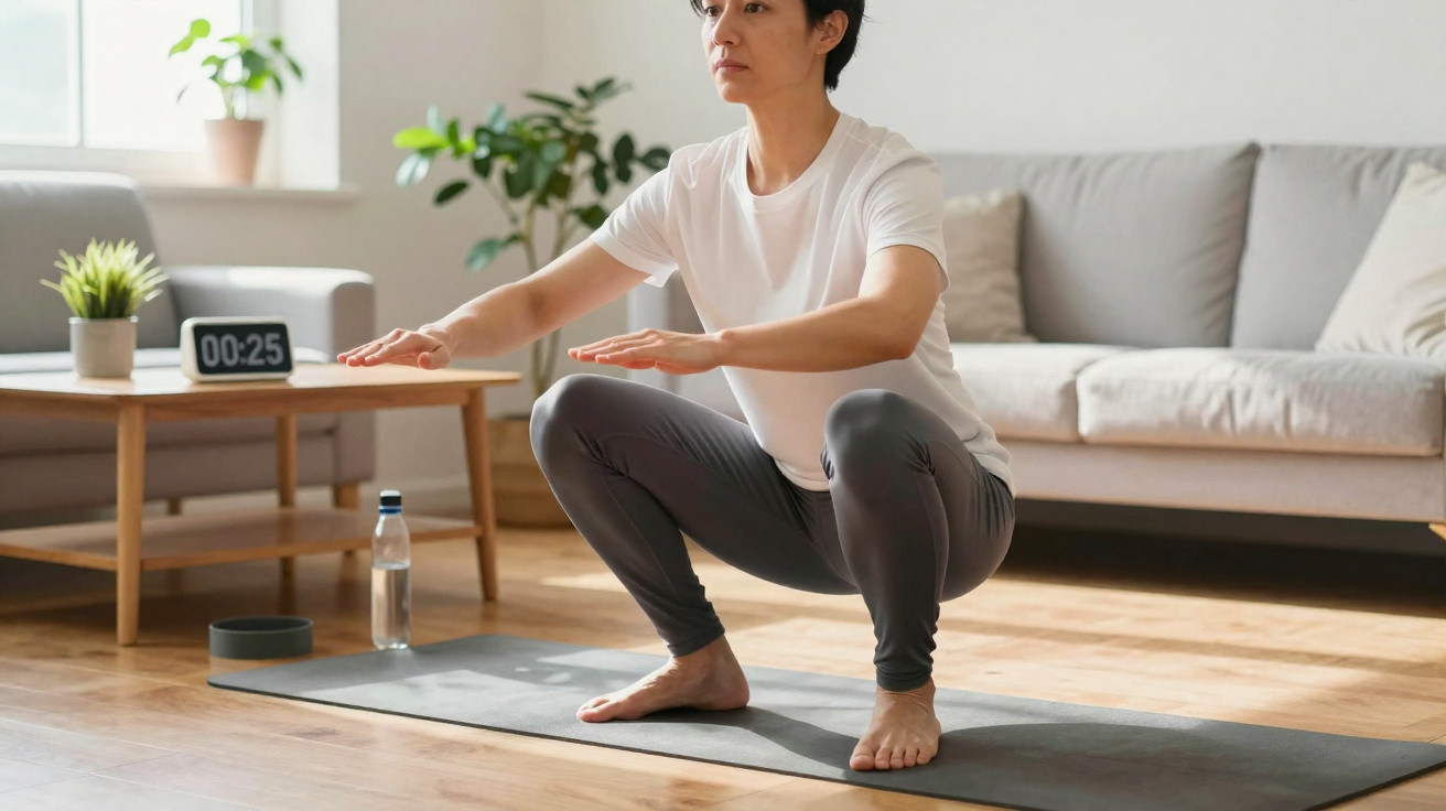 Pessoa a fazer agachamentos numa sala com tapete de yoga, garrafa de água e relógio digital.
