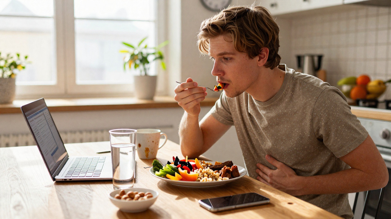 Homem a comer refeição saudável enquanto trabalha num computador portátil na cozinha.
