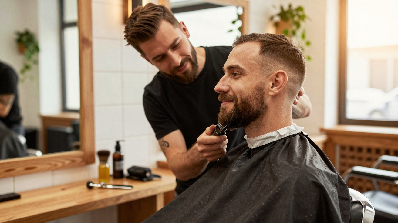 Barbeiro a aparar a barba de um cliente sorridente numa barbearia moderna e iluminada.