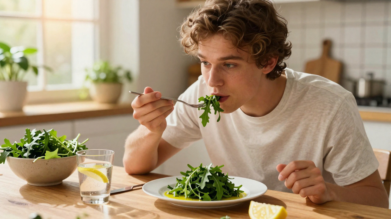 Jovem a comer uma salada verde à mesa numa cozinha iluminada, com copo de água e limão à frente.