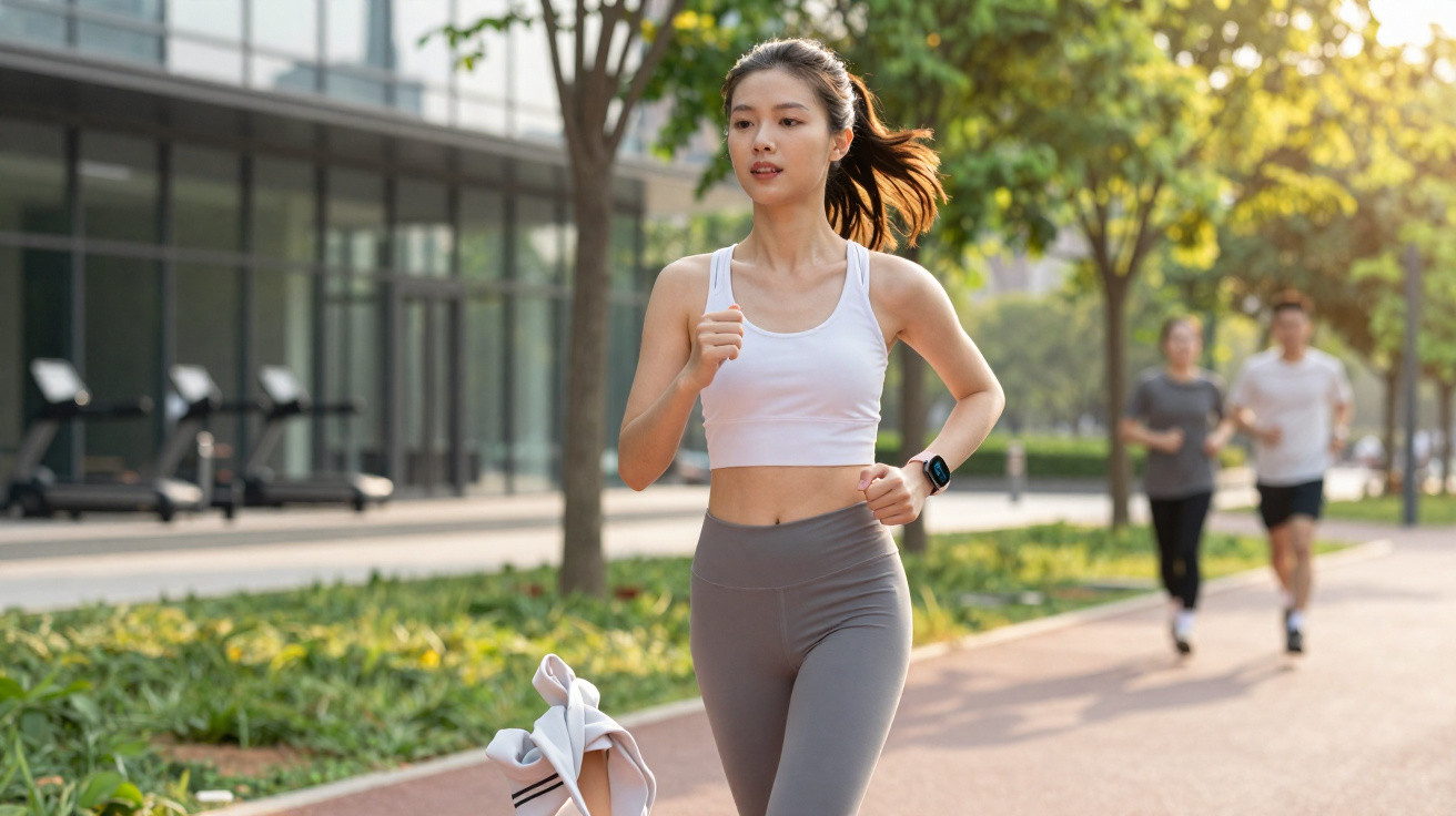 Mulher jovem a correr num parque urbano ao entardecer, com duas pessoas a correr ao fundo.