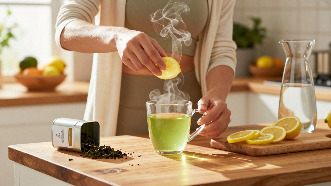 Pessoa a espremer uma fatia de limão numa chávena de chá verde fumegante numa cozinha iluminada.