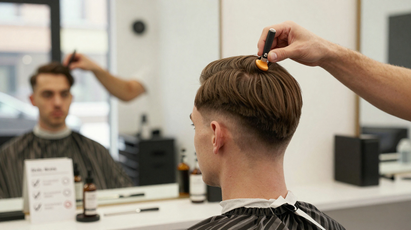 Homem a receber finalização de corte de cabelo numa barbearia, com pincel a remover fios soltos.