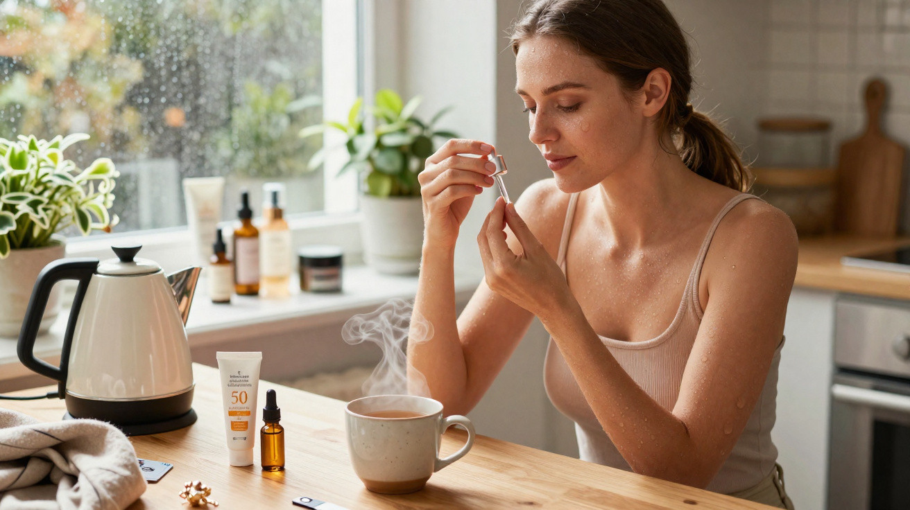 Mulher aplica sérum facial sentada à mesa de cozinha junto a chá quente e produtos de skincare.