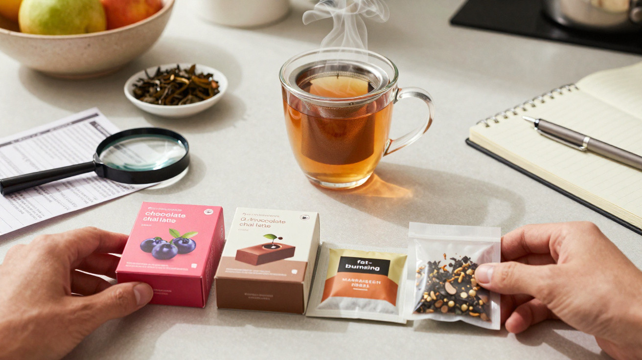 Mesa com chá quente, duas caixas de chá, duas saquetas de chá e mãos segurando os produtos.