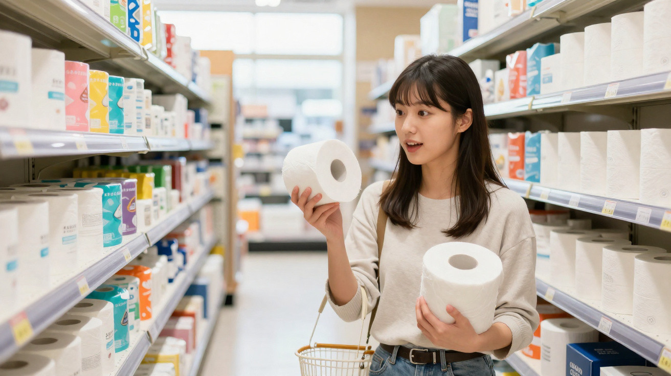 Mulher jovem segurando dois rolos de papel higiénico num corredor de supermercado.