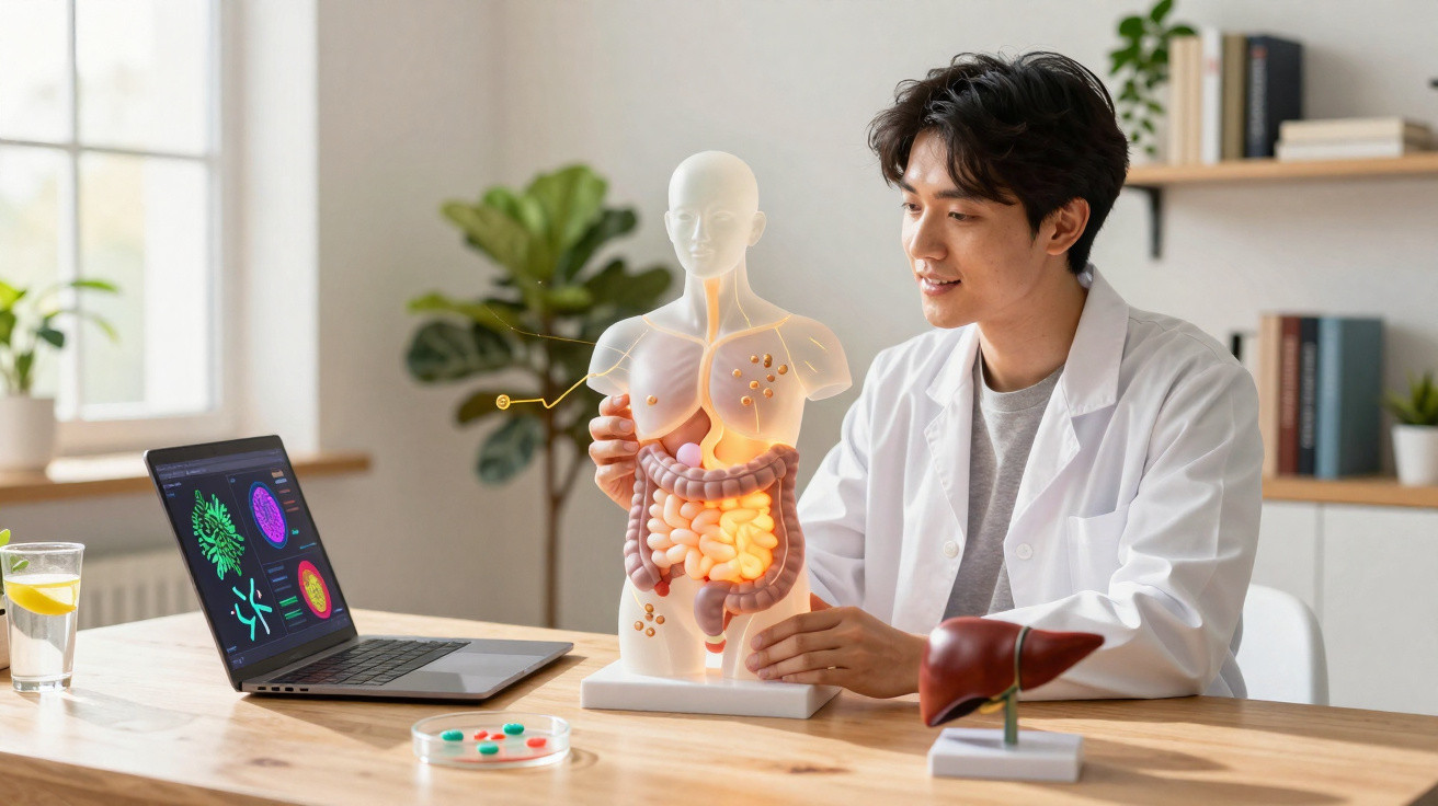 Cientista analisa modelo 3D do sistema digestivo com laptop mostrando gráficos e células coloridas.